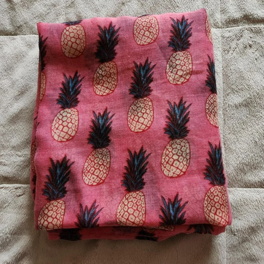Vintage Y2K women pink & brown gauze scarf pineapples pattern cottage core boho